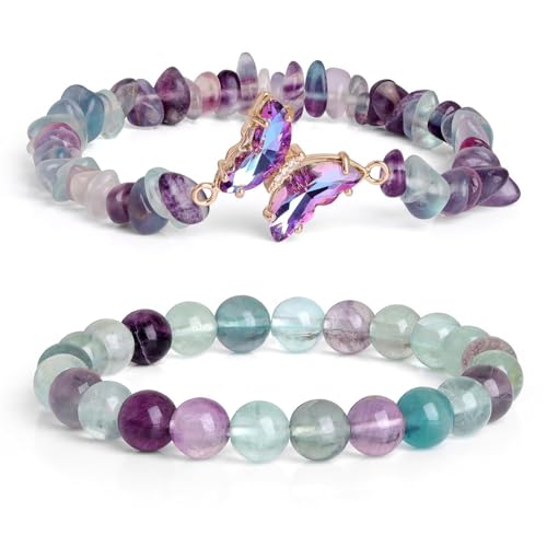 Natürliche Amethyst Türkis Doppelschicht Schmetterling Perlen Armband, Boho Armband Charme Schmuck mit Geschenkbox für Frauen Sommer Strand Stapelbar Stretch Schmuck Geschenke, Lila Fluorit von Liumarvexia