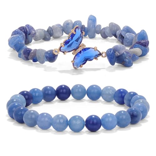 Natürliche Amethyst Türkis Doppelschicht Schmetterling Perlen Armband, Boho Armband Charme Schmuck mit Geschenkbox für Frauen Sommer Strand Stapelbar Stretch Schmuck Geschenke, blaue Dongling von Liumarvexia