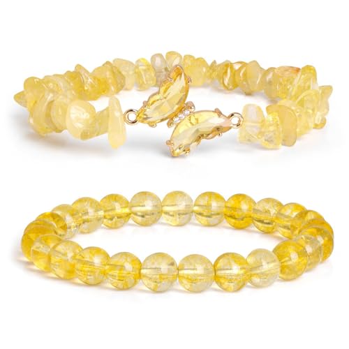 Natürliche Amethyst Türkis Opal Perlen Doppelschicht Schmetterling Armband, Boho Armband Charme Schmuck mit Geschenkbox für Frauen Sommer Beach Party Stapelbar Stretch Schmuck Geschenke, Citrine von Liumarvexia