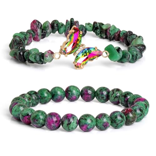 Natürliche Amethyst Türkis Opal Perlen Doppelschicht Schmetterling Armband, Boho Armband Charme Schmuck mit Geschenkbox für Frauen Sommer Beach Party Stapelbar Stretch Schmuck Geschenke, Epidot von Liumarvexia