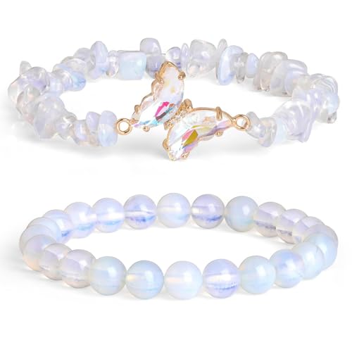 Natürliche Amethyst Türkis Opal Perlen Doppelschicht Schmetterling Armband, Boho Armband Charme Schmuck mit Geschenkbox für Frauen Sommer Beach Party Stapelbar Stretch Schmuck Geschenke, Opal von Liumarvexia