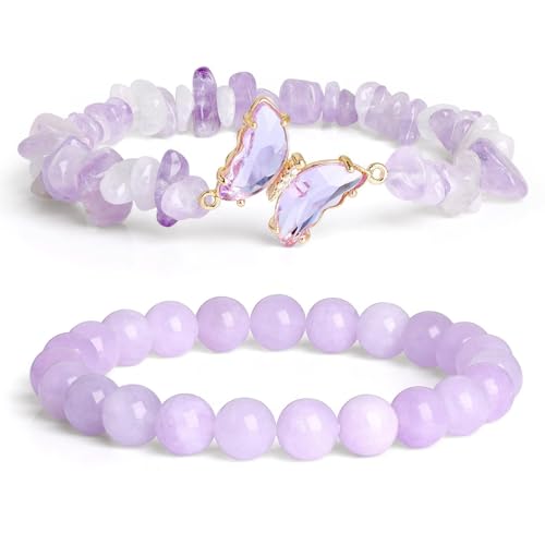 Natürliche Amethyst Türkis Opal Perlen Doppelschicht Schmetterling Armband, Boho Armband Charme Schmuck mit Geschenkbox für Frauen Sommer Beach Party Stapelbar Stretch Schmuck Geschenke, lila Jade von Liumarvexia
