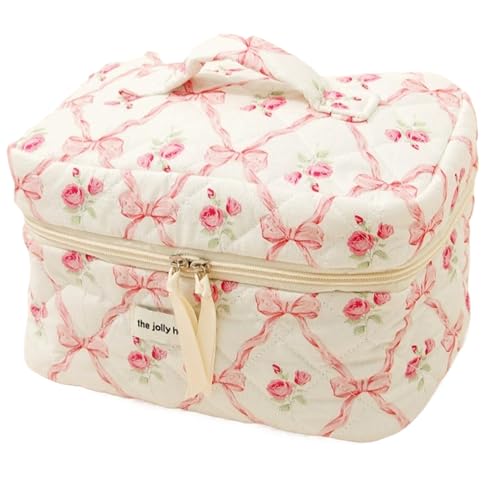 Gesteppte Make -up -Tasche, 9, 8x5.9x6.3 niedliche Bogen Make -up -Tasche, Baumwollblumen -Koquette mit Griff und Reißverschluss, Reiseästhetik für Frauen und Mädchen Geschenke von Liummrcy