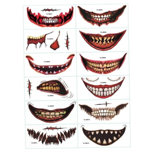 Halloween Face Tattoos 12pcs Temporäres Gesicht Tattoos Clown Horror Mund Tattoo Aufkleber Tag der toten toten Narben -Tätowierungen Face Decals für Cosplay -Party -Dekor, Halloween Halloween Face Tattoos 12pcs Temporäres Gesicht Tattoos Clown Horror Mund Tattoo Aufkleber Tag der toten toten Narben -Tätowierungen Face Decals für Cosplay -Party -Dekor, Halloween von Liummrcy