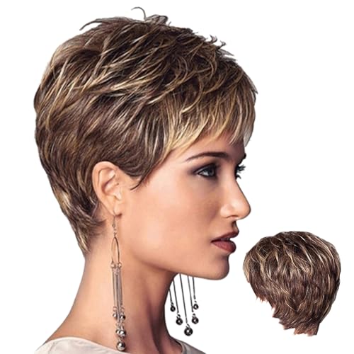 Kurze blonde Perücke flauschig geschichtete Eingröße verstellbare kurze Haarperücken synthetische atmungsaktive Matte Perücken für Frauen goldbraun von Liummrcy