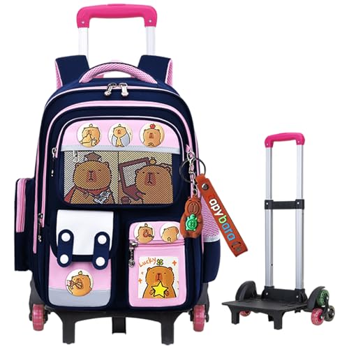 Liummrcy Rolling -Rucksack mit 6 Rädern Großkapazität Capybara -Rucksack mit Mehreren Fächern süße Cartoon Schultasche reflektierender Riemen einsensbarer Abnehmbarer Griff für Jungen Mädchen von Liummrcy