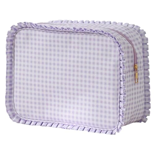 Make -up -Tasche lila Karierte Rüschen Reise Make -up -Tasche für Frauen Mädchen, Rüschenbeutel Toiletten - - Organizer von Liummrcy