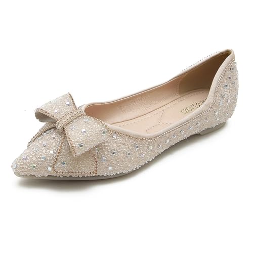 LiupanUp Damen Spitze Strass Flache Schuhe Glitzer Blumen Hochzeit Bequeme Kleid Schuhe, Farbe: Aprikose., 4 von LiupanUp