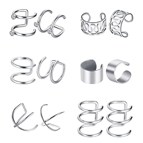 Liuxn 6 Paar Edelstahl Ohrclips Nicht Piercing Ohrringe Hoop Ohr Manschetten Knorpel Ohrclips Set für Männer Damen, 6 (Stahl Farbe) von LEEQBCR