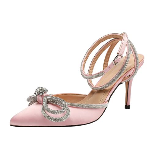 Liuyuetao Damen Stiletto High Heel Kleid Pumps Spitze Zehe Knöchelriemen Bequeme Mode Sexy Sandalen Strass Schleife Satin Braut Hochzeit Schuhe (Pink,34) von Liuyuetao