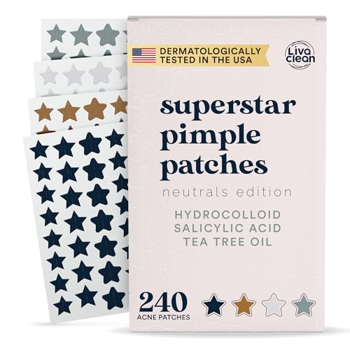 LivaClean 240 CT Neutrals Pickelpflaster für Gesicht mit Salicylsäure & Teebaum, Hydrokolloid Akne Patches Cute Star Pimple Patch für Heilung, niedliche Gesichtsaufkleber, Zit Patch von LivaClean