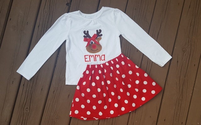 Mädchen Weihnachten Rentier Outfit, Roter Polka Dot Rock, Applikation Shirt, Kleinkind Urlaub Kleidung, Weihnachtskleid Mädchen Weihnachten Rentier Outfit, Roter Polka Dot Rock, Applikation Shirt, Kleinkind Urlaub Kleidung, Weihnachtskleid von Livanni