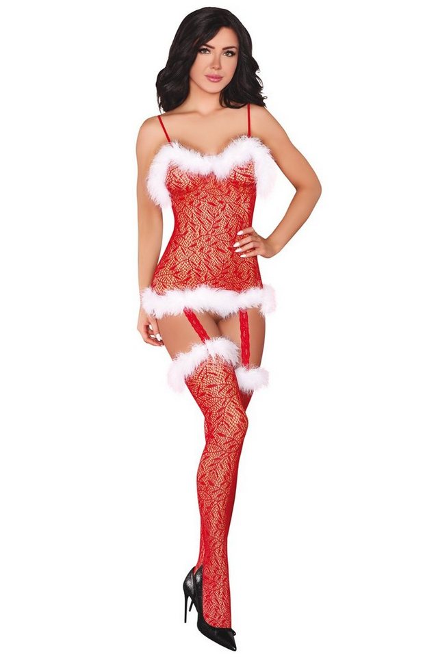Livco Corsetti Fashion Bodystocking Weihnachts-Bodystocking rot-weiß Catsuit mit Plüsch 20 DEN (1 St) von Livco Corsetti Fashion