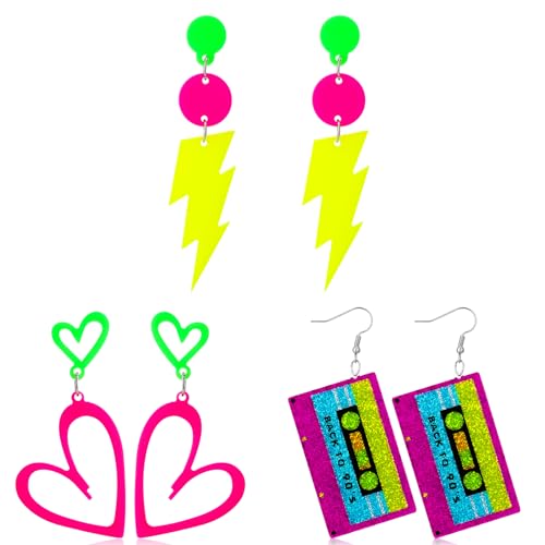 Livdouyu 3 Paar 80er 90er Jahre Neon Ohrringe Damen Retro Ohrringe Accessoires Acryl Set mit Kassette Blitz Herz für Mottoparty Kostüm Party von Livdouyu