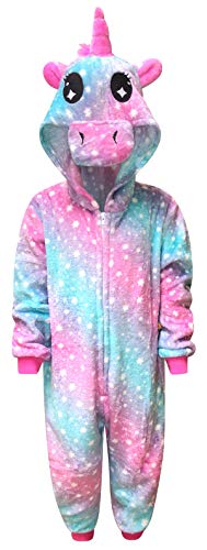 Live It Style It Kinder Einhorn Onesie Mädchen Bequeme Pyjamas Jungen weichen Schlafanzug Geschenke für Kinder Tier Jumpsuit Dress Up Kostüm (8-9 Jahre, Einhorn - Rosa grüne Sterne) von Live It Style It