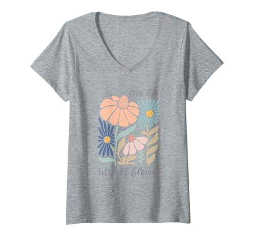 Damen Live Life in Full Bloom Blumen Illustration T-Shirt mit V-Ausschnitt Damen Live Life in Full Bloom Blumen Illustration T-Shirt mit V-Ausschnitt von Live Life in Full Bloom Blumen Illustration