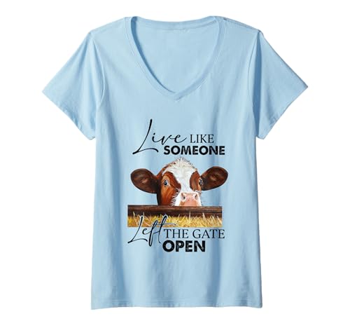 Damen Lebe, als ob jemand das Tor offen gelassen hat, Kuh T-Shirt mit V-Ausschnitt Damen Lebe, als ob jemand das Tor offen gelassen hat, Kuh T-Shirt mit V-Ausschnitt von Live Like Someone Left The Gate Open Cow