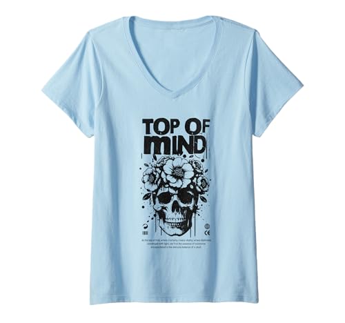 Damen Grafisches Dunkles Mindset Floral Skull Design T-Shirt mit V-Ausschnitt von Live in the Presence Mindfulness Collection