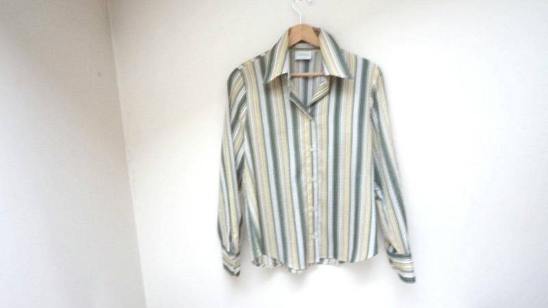 streifen-Shirt Bluse Bauer Retro Weiß Grün Braun Gelb Vintage Europa Made in Niederland Für C&a Canda Größe M Medium Polyester Formal von LivePastVintage
