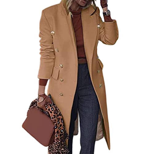 2022 Neuer einfarbiger Wollmantel Slim Fit zweireihig Herbst Winter Umlegekragen Frauen Casual Warm Overcoat Oberbekleidung, khaki, 38 von Livecitys