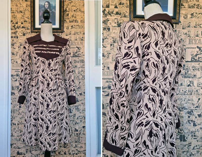 The Chocolat Heart Swirl Beige Und Braun Strick Midi 1970Er Jahre Kleid Strass Knöpfe von Liveitretro