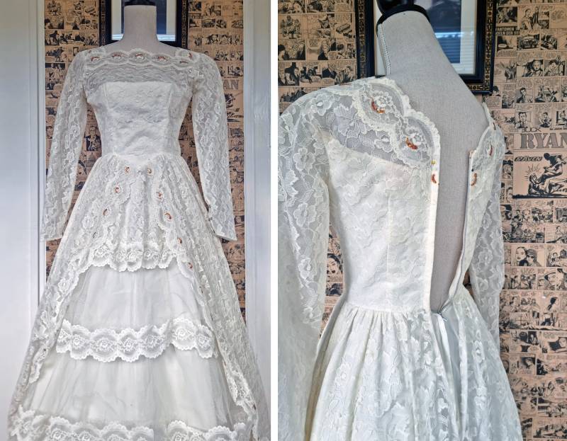 Vintage Verträumtes 1950Er Jahre Weißes Brautkleid Spitze Tüll von Liveitretro