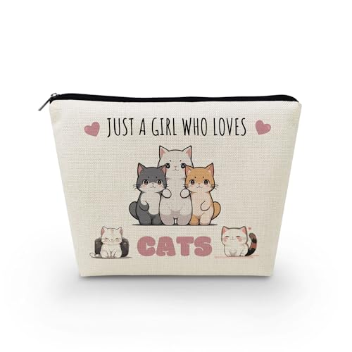 Livel lhood Make-up-Tasche für Damen, mit Aufschrift "Just A Girl Who Loves Cat", niedlich, klein, Kosmetiktasche für Geldbörse, Reise-Kulturbeutel, Reißverschluss, Katze, weiß, Geschenk für von Livel lhood