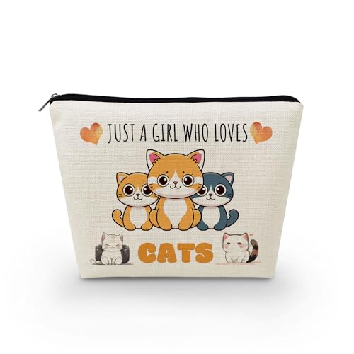 Livel lhood Make-up-Tasche für Damen, mit Aufschrift "Just A Girl Who Loves Cats", niedlich, klein, Kosmetiktasche für Geldbörse, Reise-Kulturbeutel, mit Reißverschluss, weiße Tasche für Mädchen, von Livel lhood