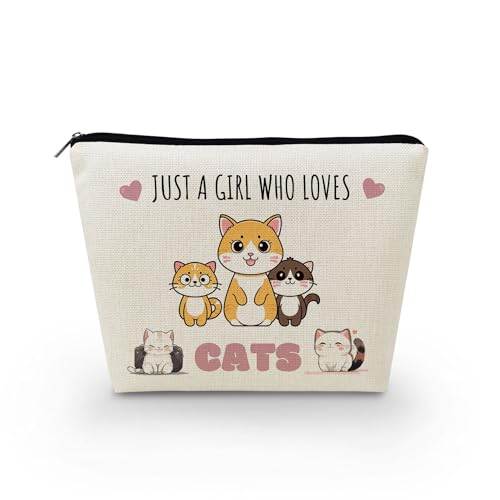 Livel lhood Make-up-Tasche für Damen, mit Aufschrift "Just A Girl Who Loves Cats", niedlich, klein, Kosmetiktasche für Geldbörse, Reise-Kulturbeutel, mit Reißverschluss, weiße Tasche für Mädchen, von Livel lhood