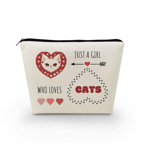 Livel lhood Make-up-Tasche für Damen, mit Aufschrift "Just A Girl Who Loves Cats", niedlich, klein, Kosmetiktasche für Geldbörse, Reise-Kulturbeutel, mit Reißverschluss, weiße Tasche für Mädchen, von Livel lhood