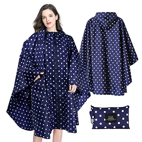 Lively Life Regenponcho für Damen, Leichter Regenjacke Wasserdichter Regenmantel Wiederverwendbar Regen Poncho Raincoat Atmungsaktiv Regencape mit Kapuze für Camping Outdoors, Blaue Punkte von Lively Life