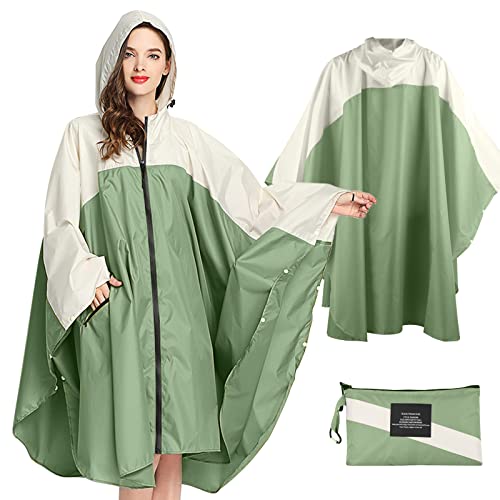 Lively Life Regenponcho für Damen, Leichter Regenjacke Wasserdichter Regenmantel Wiederverwendbar Regen Poncho Raincoat Atmungsaktiv Regenschutz Regencape mit Kapuze für Camping Outdoors, Senfgrün von Lively Life