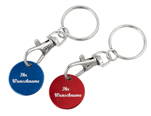 2x Metall-Schlüsselanhänger mit Namensgravur - mit Einkaufschip - je 1x rot+blau von Livepac-Office