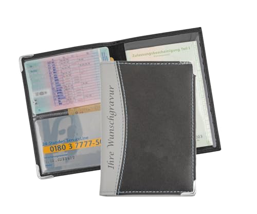 Ausweistasche mit Gravur / KFZ Schein Schutzhülle / Farbe: schwarz-grau von Livepac-Office