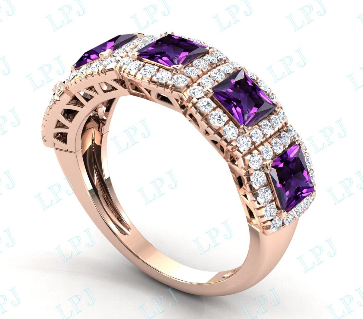 14K Gold Amethyst Hochzeitsband Für Frauen Prinzessin Cut Verlobungsband Unikat Braut Jubiläum Ring Halb Ewigkeit Band von LiverpoolJewelry