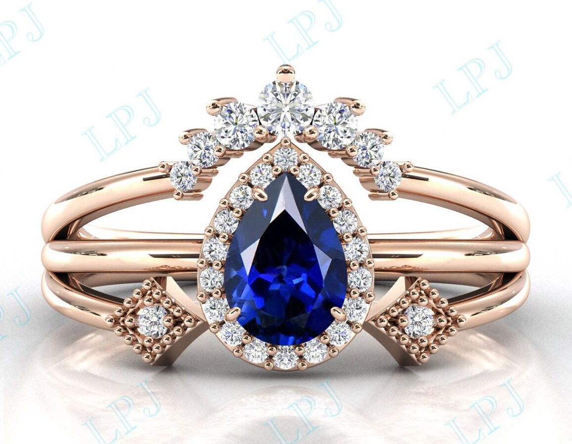 14K Gold Blau Saphir Verlobungsring Set Tropfen Hochzeitsring Für Frauen Art Deco Braut Ring von LiverpoolJewelry