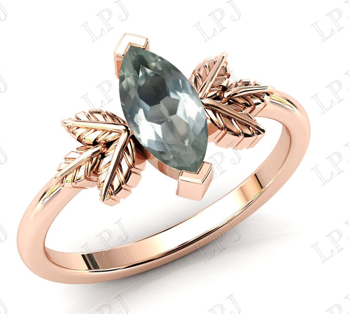 14K Gold Grüner Amethyst Blatt Ehering Für Frauen Art Deco Stil Verlobungsring Antik Jahrestag Geschenk Sie von LiverpoolJewelry