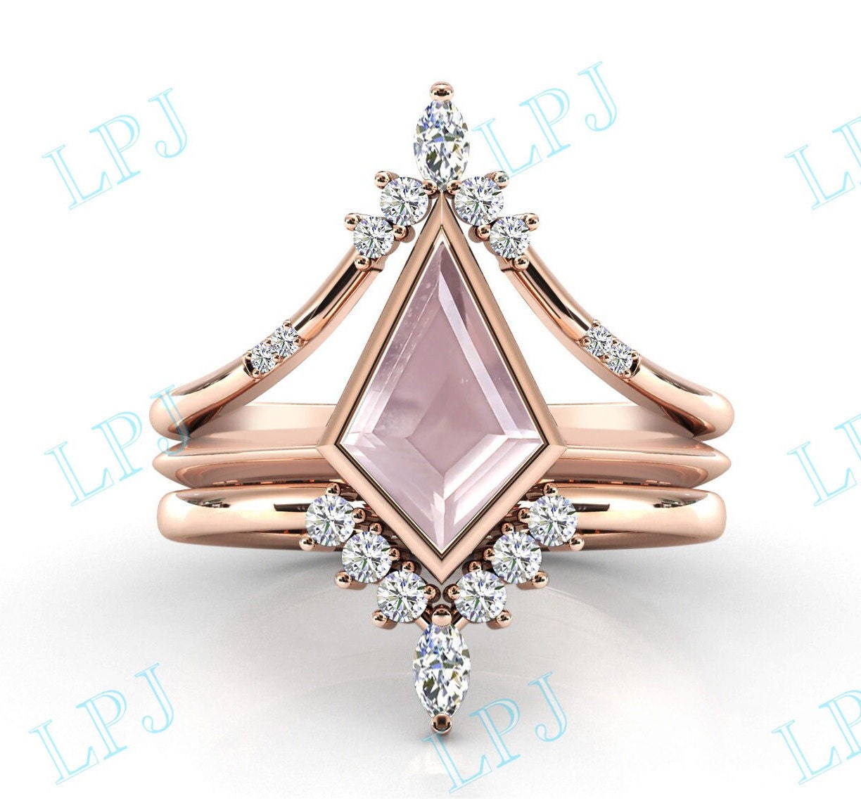 14K Gold Rosenquarz Ehering Set Für Frauen Kite Shaped Verlobungsring Antik Braut Jubiläum Ring Geschenk Sie von LiverpoolJewelry