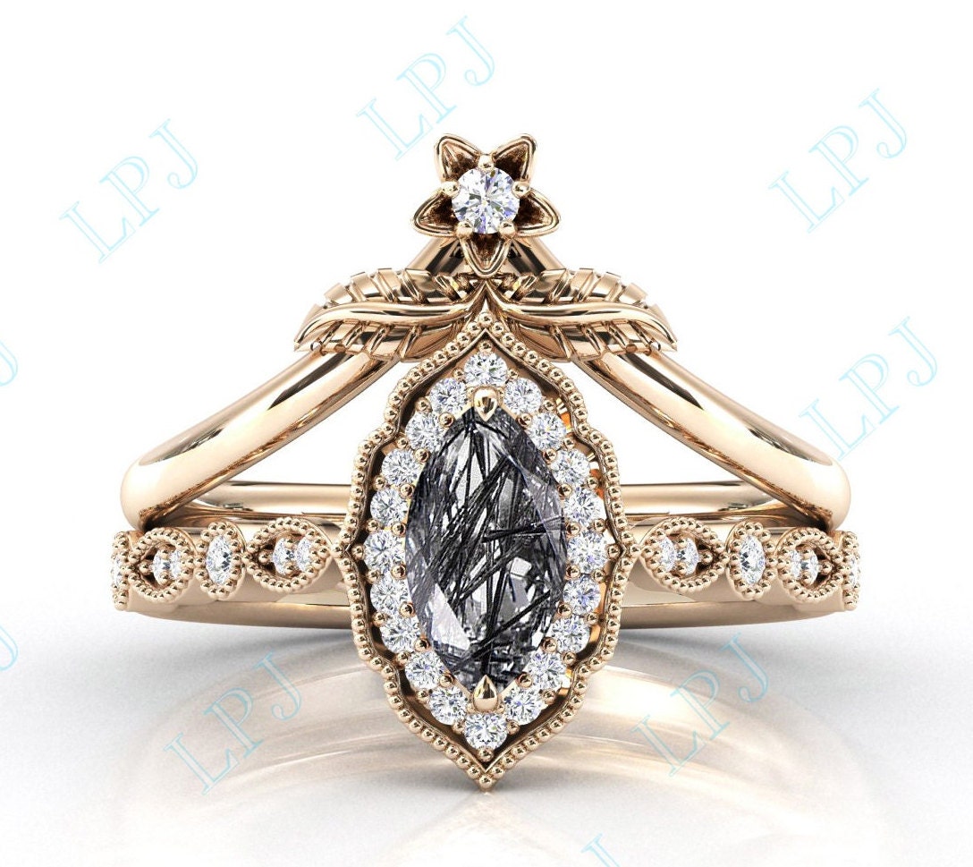 14K Gold Rutil Ehering Set Für Frauen Marquise Cut Schwarz Verlobungsring Art Deco Rutilquarz Braut Ring von LiverpoolJewelry