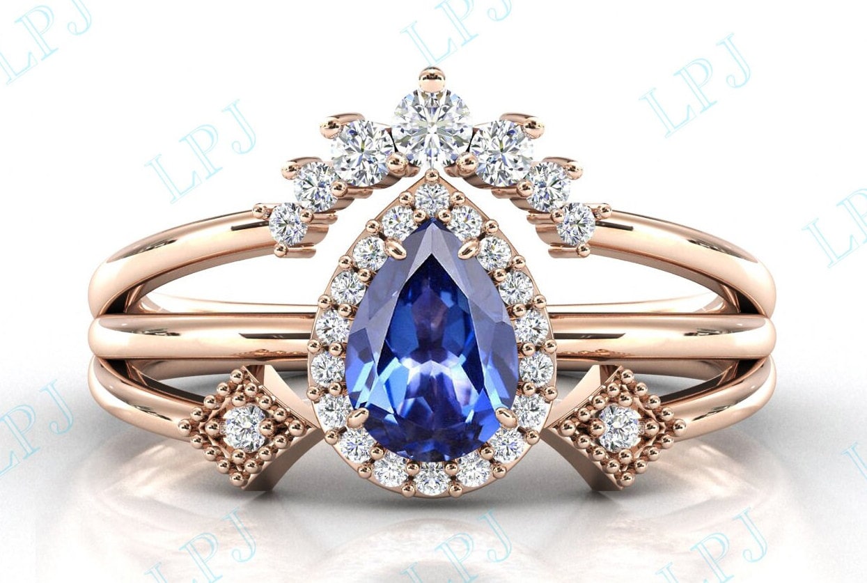 14K Rose Gold Tansanit Verlobungsring Set Für Frauen Art Deco Ehering Unikat Brautjungfrauenring Versprechensring von LiverpoolJewelry