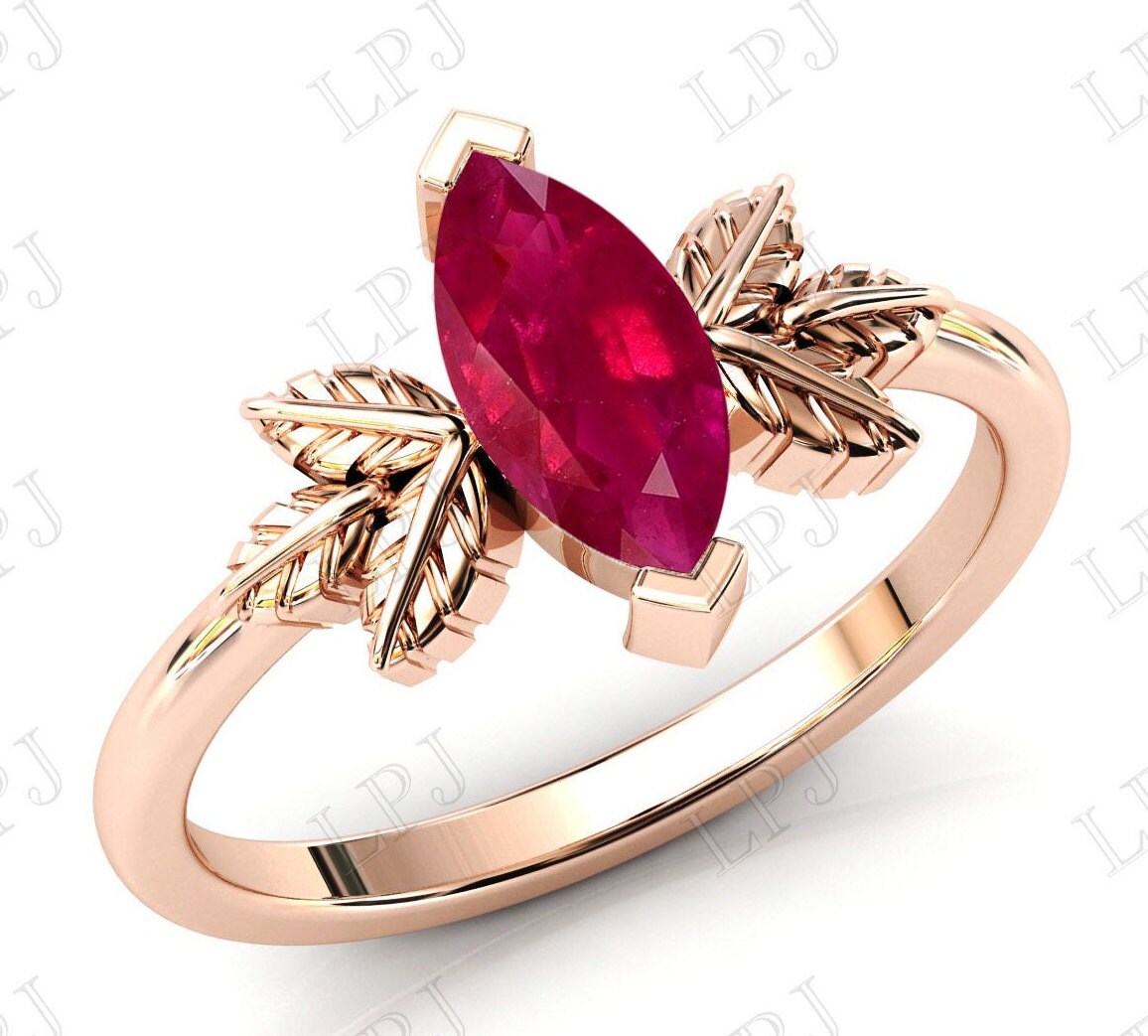 Antiker Blatt Rubin Verlobungsring Rosegold Braut Ring Art Deco Stil Ehering Rot Edelstein Für Frauen von LiverpoolJewelry