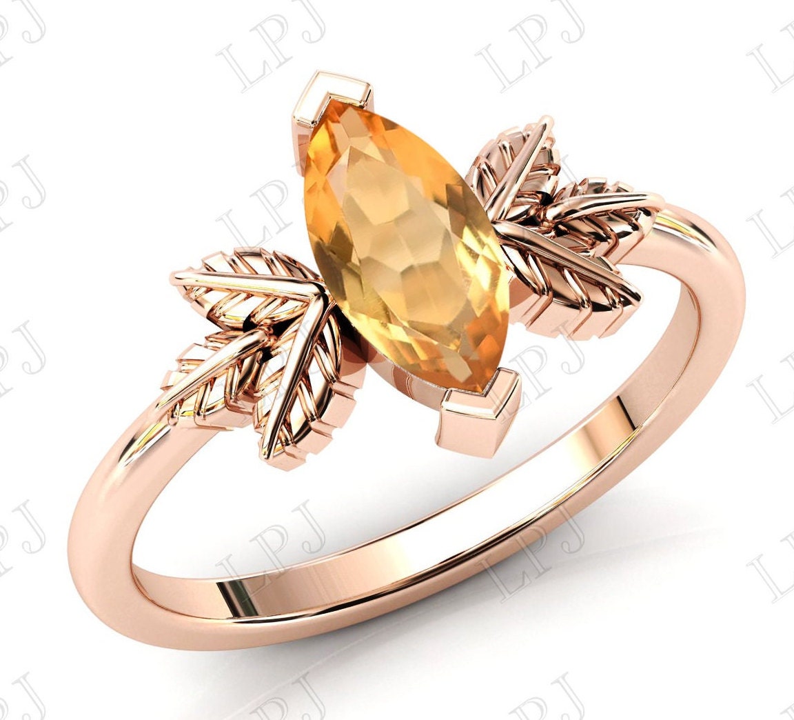 Art Deco Citrin Verlobungsring Antik Vintage Braut Jahrestag Ring Für Frauen Rosegold Blatt Stil Ehering von LiverpoolJewelry