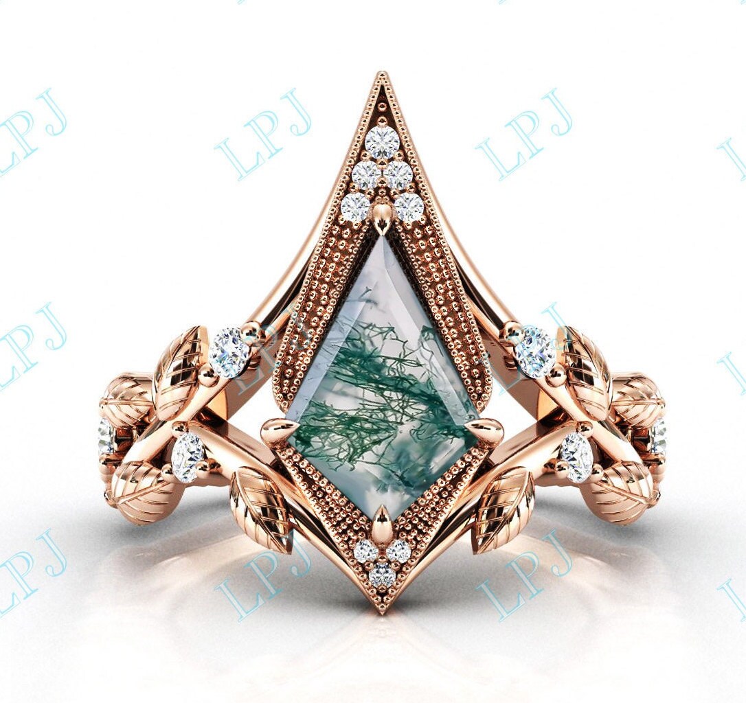 Art Deco Grüner Moos Achat Blatt Ehering Für Frauen 14K Gold Verlobungsring Antik Kite Form Braut Versprechen Ring von LiverpoolJewelry