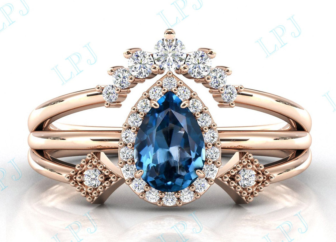 Art Deco London Blautopas Verlobungsring Set Tropfen Stil Blautopas Braut Versprechen Ring Antik Vintage Ehering Jahrestag Geschenk von LiverpoolJewelry