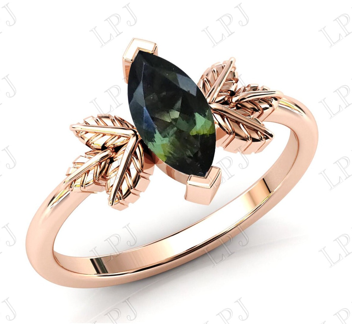 Art Deco Moldavit Verlobungsring Vintage Blatt Ehering Rosegold Frauen Jahrestag Ring Unikat Braut Versprechen von LiverpoolJewelry