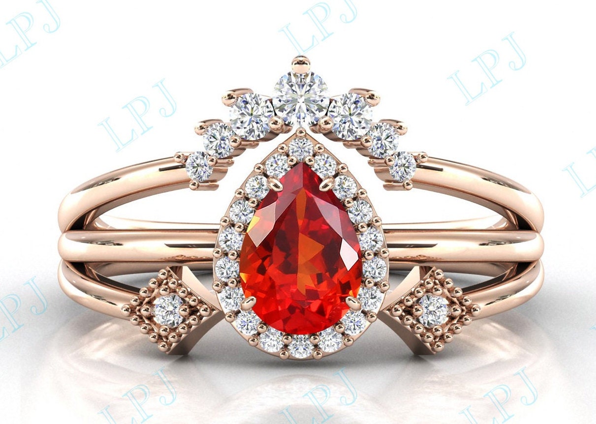 Art Deco Orange Saphir Verlobungsring Set 925 Silber Ehering Antik Braut Versprechen Ring Frauen Jahrestag Geschenk von LiverpoolJewelry