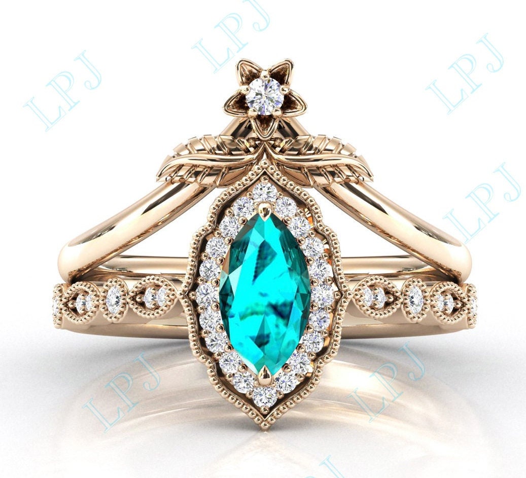 Art Deco Paraiba Turmalin Verlobungsring Set Marquise Cut Halo Ehering 14K Gold Grün Brautring von LiverpoolJewelry