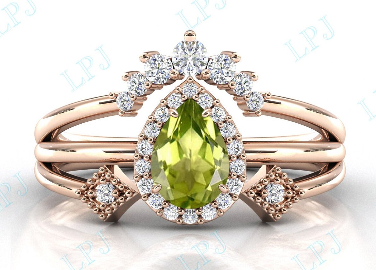 Art Deco Peridot Verlobungsring Set 14K Gold Vintage Ehering Tropfen Braut Versprechen Ring Unikat Jahrestag Geschenk von LiverpoolJewelry