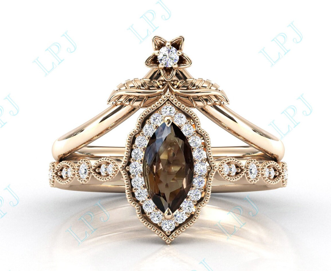 Art Deco Rauchquarz Verlobungsring Set Marquise Cut Ehering Für Frauen Braun Edelstein 2 Stück Ring Geschenk Sie von LiverpoolJewelry