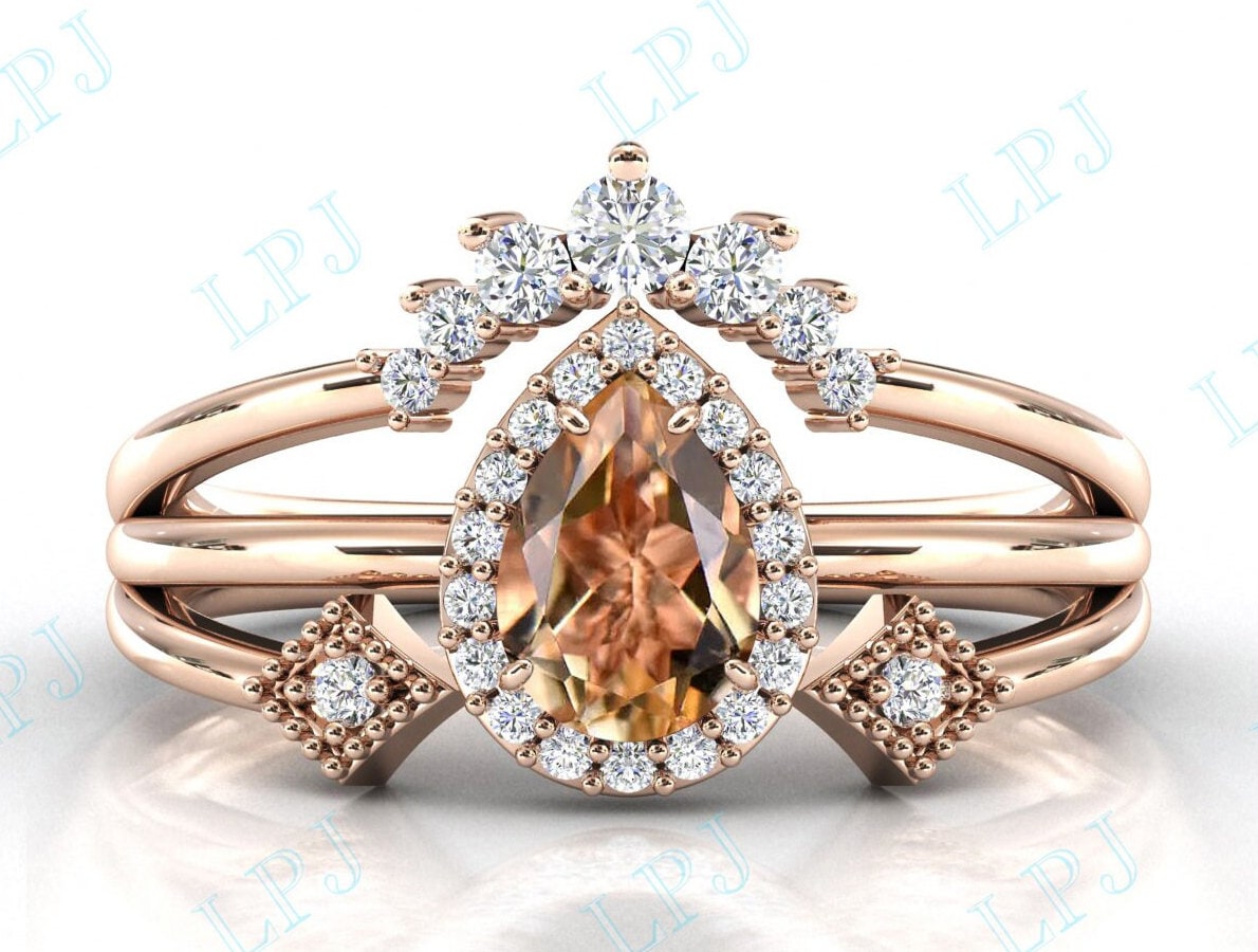 Art Deco Stil Citrin Ehering Set 925 Silber Halo Verlobungsring Antik Braut Jubiläum Ring Unikat Versprechen Für Sie von LiverpoolJewelry